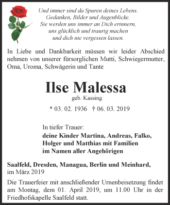 Traueranzeige von Ilse Malessa von Ostthüringer Zeitung