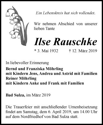 Traueranzeige von Ilse Rauschke von Thüringer Allgemeine, Thüringische Landeszeitung