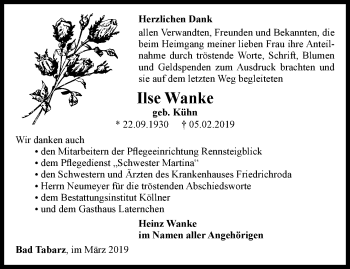 Traueranzeige von Ilse Wanke von Ostthüringer Zeitung, Thüringische Landeszeitung