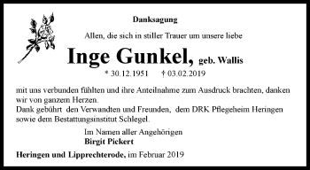 Traueranzeige von Inge Gunkel von Thüringer Allgemeine