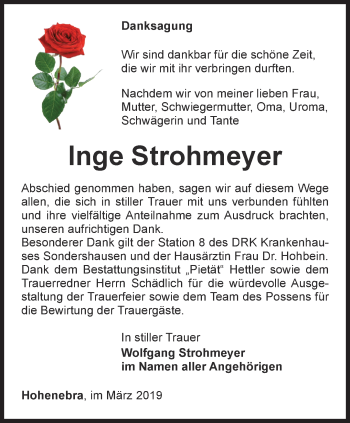 Traueranzeige von Inge Strohmeyer von Thüringer Allgemeine