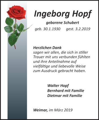 Traueranzeige von Ingeborg Hopf von Thüringer Allgemeine, Thüringische Landeszeitung