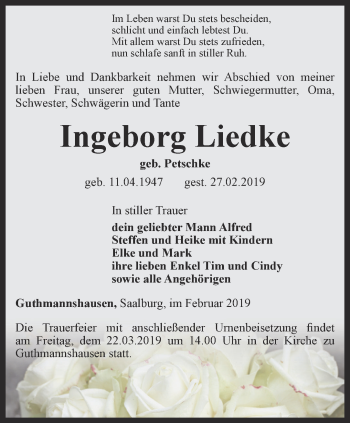 Traueranzeige von Ingeborg Liedke von Thüringer Allgemeine