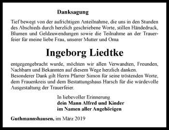 Traueranzeige von Ingeborg Liedtke von Thüringer Allgemeine