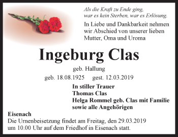 Traueranzeige von Ingeburg Clas von Thüringer Allgemeine, Thüringische Landeszeitung