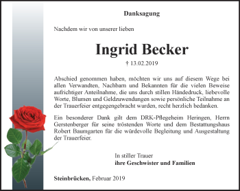 Traueranzeige von Ingrid Becker von Thüringer Allgemeine