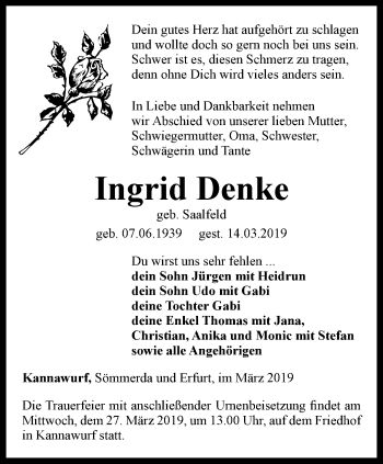 Traueranzeige von Ingrid Denke von Thüringer Allgemeine