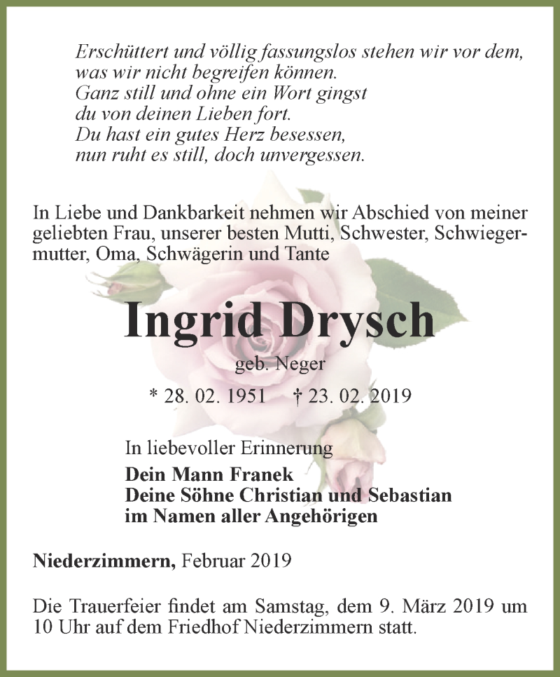  Traueranzeige für Ingrid Drysch vom 02.03.2019 aus Thüringer Allgemeine, Thüringische Landeszeitung