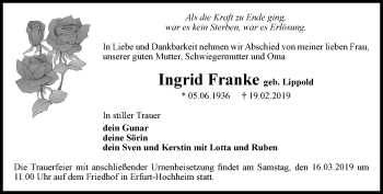 Traueranzeige von Ingrid Franke von Thüringer Allgemeine, Thüringische Landeszeitung