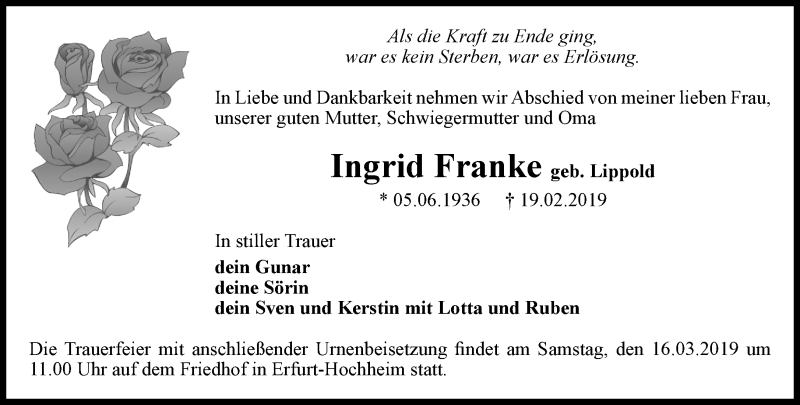  Traueranzeige für Ingrid Franke vom 02.03.2019 aus Thüringer Allgemeine, Thüringische Landeszeitung