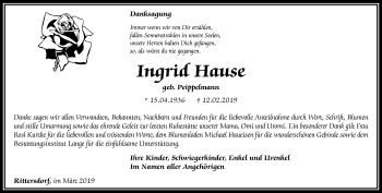 Traueranzeige von Ingrid Hause von Thüringer Allgemeine, Thüringische Landeszeitung