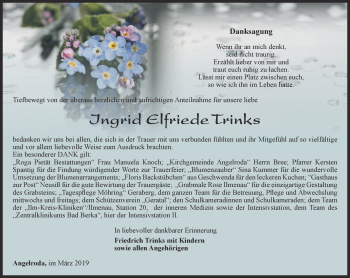 Traueranzeige von Ingrid Elfriede Trinks von Thüringer Allgemeine