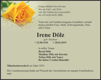 Traueranzeige von Irene Dölz von Ostthüringer Zeitung