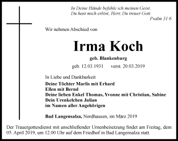 Traueranzeige von Irma Koch von Thüringer Allgemeine, Thüringische Landeszeitung