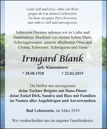 Traueranzeige von Irmgard Blank von Ostthüringer Zeitung