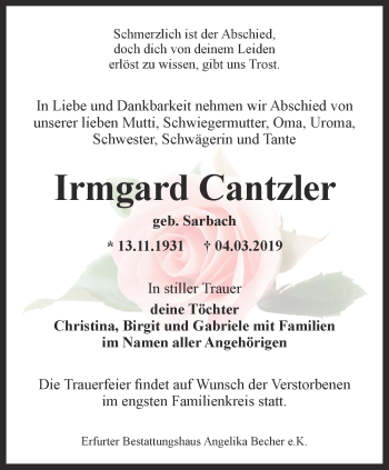 Traueranzeige von Irmgard Cantzler von Thüringer Allgemeine, Thüringische Landeszeitung