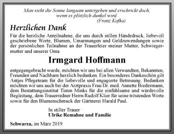 Traueranzeige von Irmgard Hoffmann von Thüringer Allgemeine, Thüringische Landeszeitung