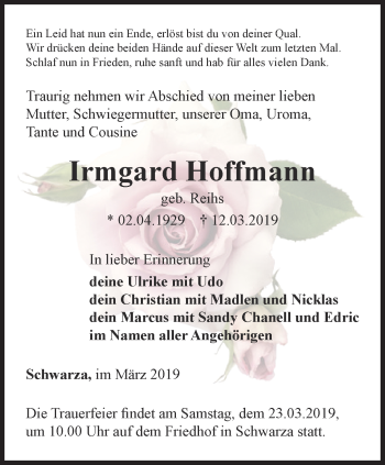 Traueranzeige von Irmgard Hoffmann von Thüringer Allgemeine, Thüringische Landeszeitung