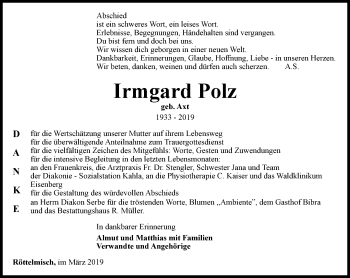 Traueranzeige von Irmgard Polz von Ostthüringer Zeitung, Thüringische Landeszeitung