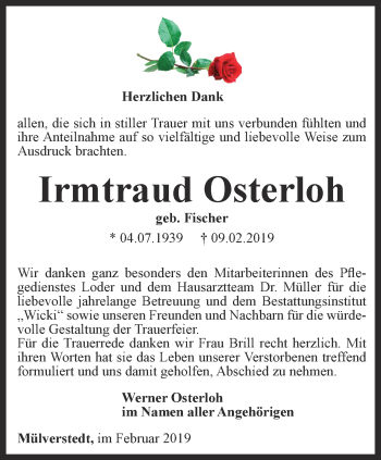 Traueranzeige von Irmtraud Osterloh von Thüringer Allgemeine, Thüringische Landeszeitung