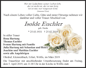 Traueranzeige von Isolde Euchler von Ostthüringer Zeitung, Thüringische Landeszeitung