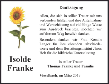 Traueranzeige von Isolde Franke von Thüringer Allgemeine, Thüringische Landeszeitung