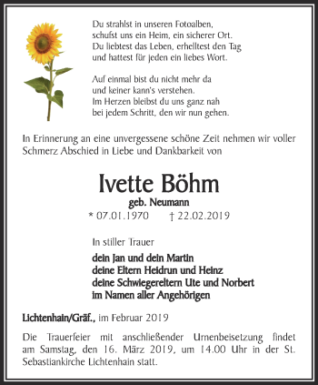 Traueranzeige von Ivette Böhm von Ostthüringer Zeitung