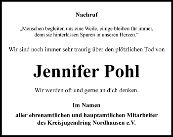 Traueranzeige von Jennifer Pohl von Thüringer Allgemeine