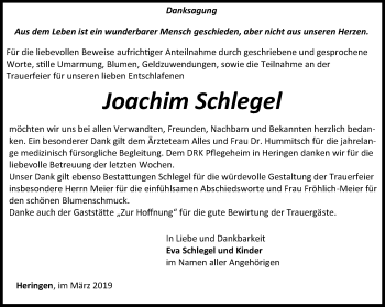 Traueranzeige von Joachim Schlegel von Thüringer Allgemeine