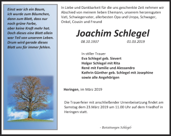 Traueranzeige von Joachim Schlegel von Thüringer Allgemeine