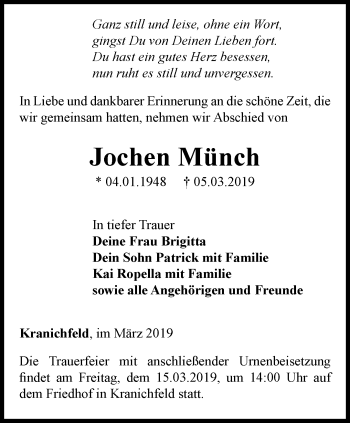 Traueranzeige von Jochen Münch von Thüringer Allgemeine, Thüringische Landeszeitung