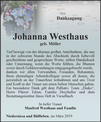 Traueranzeige von Johanna Westhaus von Thüringer Allgemeine, Thüringische Landeszeitung