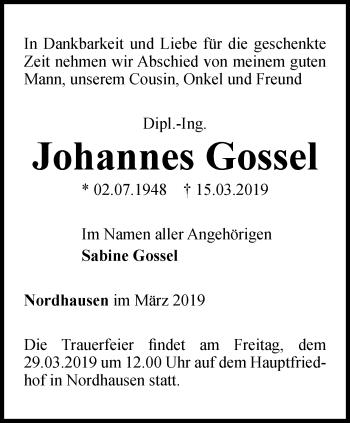 Traueranzeige von Johannes Gossel von Thüringer Allgemeine