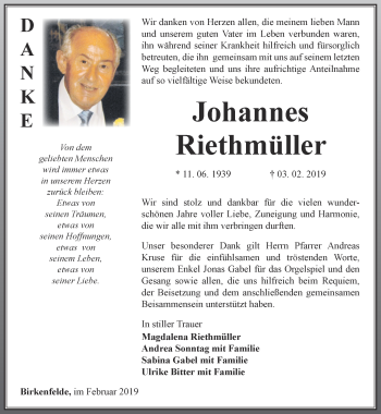 Traueranzeige von Johannes Riethmüller von Thüringer Allgemeine