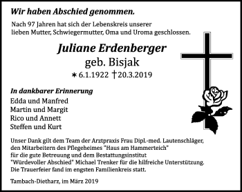 Traueranzeige von Juliane Erdenberger von Ostthüringer Zeitung, Thüringische Landeszeitung