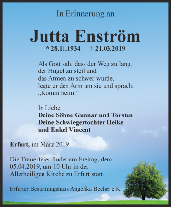Traueranzeige von Jutta Enström von Thüringer Allgemeine, Thüringische Landeszeitung