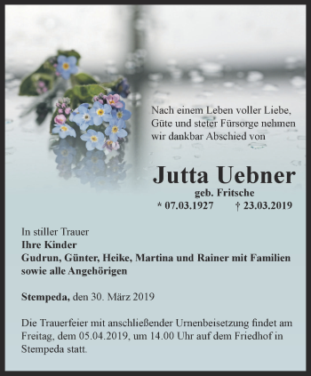 Traueranzeige von Jutta Uebner von Thüringer Allgemeine