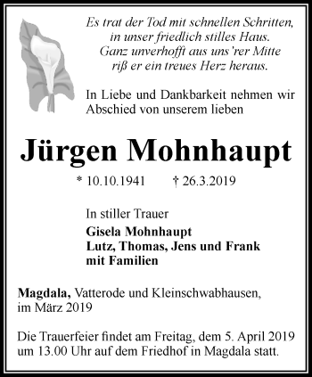 Traueranzeige von Jürgen Mohnhaupt von Thüringer Allgemeine, Thüringische Landeszeitung