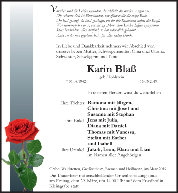 Traueranzeige von Karin Blaß von Thüringer Allgemeine, Thüringische Landeszeitung