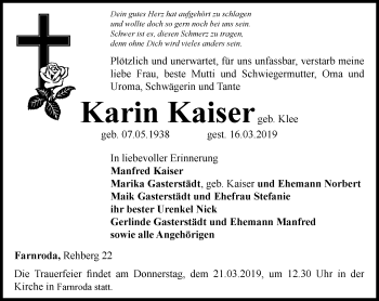 Traueranzeige von Karin Kaiser von Thüringer Allgemeine, Thüringische Landeszeitung