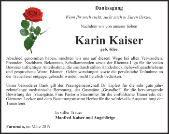 Traueranzeige von Karin Kaiser von Thüringer Allgemeine, Thüringische Landeszeitung