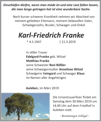 Traueranzeige von Karl-Friedrich Franke von Thüringer Allgemeine