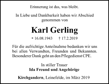 Traueranzeige von Karl Gerling von Thüringer Allgemeine
