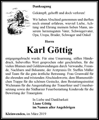Traueranzeige von Karl Göttig von Thüringer Allgemeine