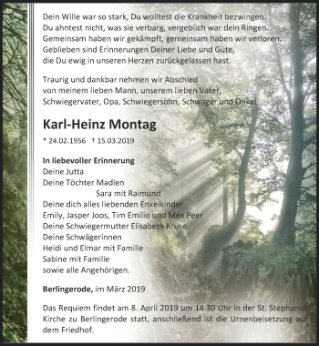 Traueranzeige von Karl-Heinz Montag von Thüringer Allgemeine