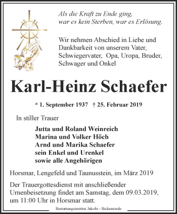 Traueranzeige von Karl-Heinz Schaefer von Thüringer Allgemeine, Thüringische Landeszeitung