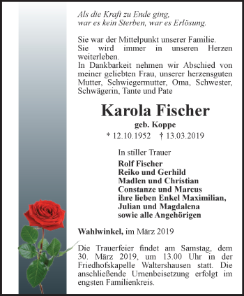 Traueranzeige von Karola Fischer von Ostthüringer Zeitung, Thüringische Landeszeitung