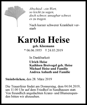 Traueranzeige von Karola Heise von Thüringer Allgemeine