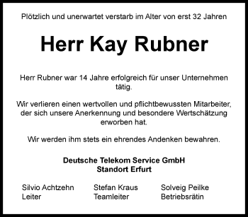 Traueranzeige von Kay Rubner von Thüringer Allgemeine