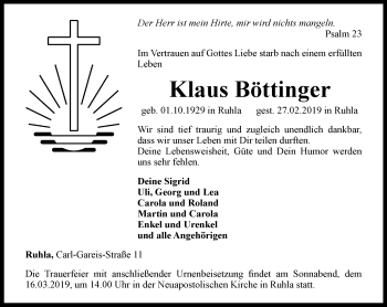 Traueranzeige von Klaus Böttinger von Thüringer Allgemeine, Thüringische Landeszeitung